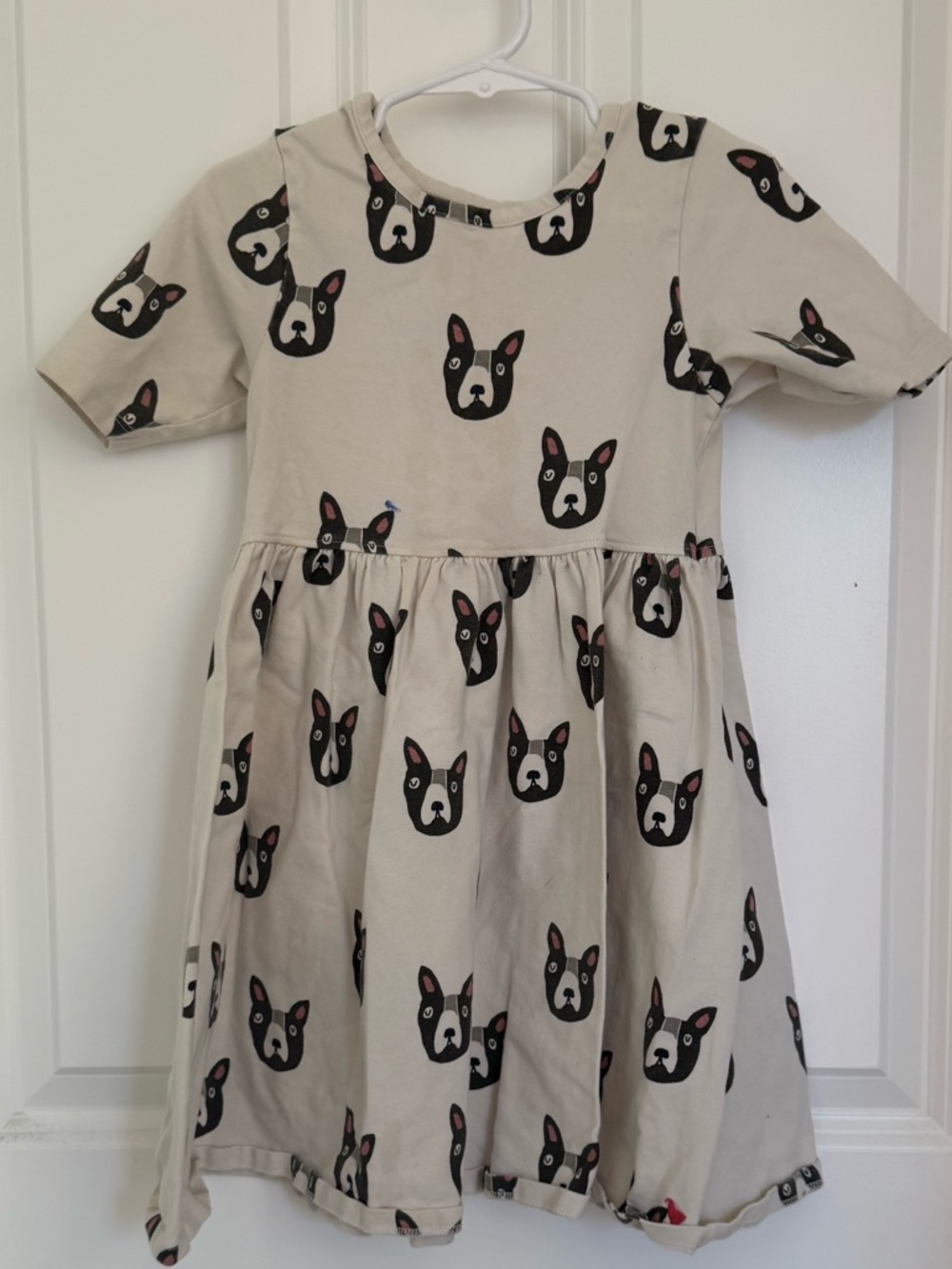 Pink Chicken Beige Dog Face Print Short Sleeve Dress
